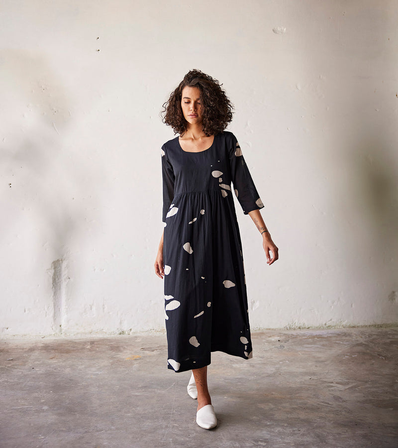 Summer Dress Cotton Gathers Waist-Black-Fashion Edit Indian Summer-KW789-Khara Kapas - Shop Cult Modern