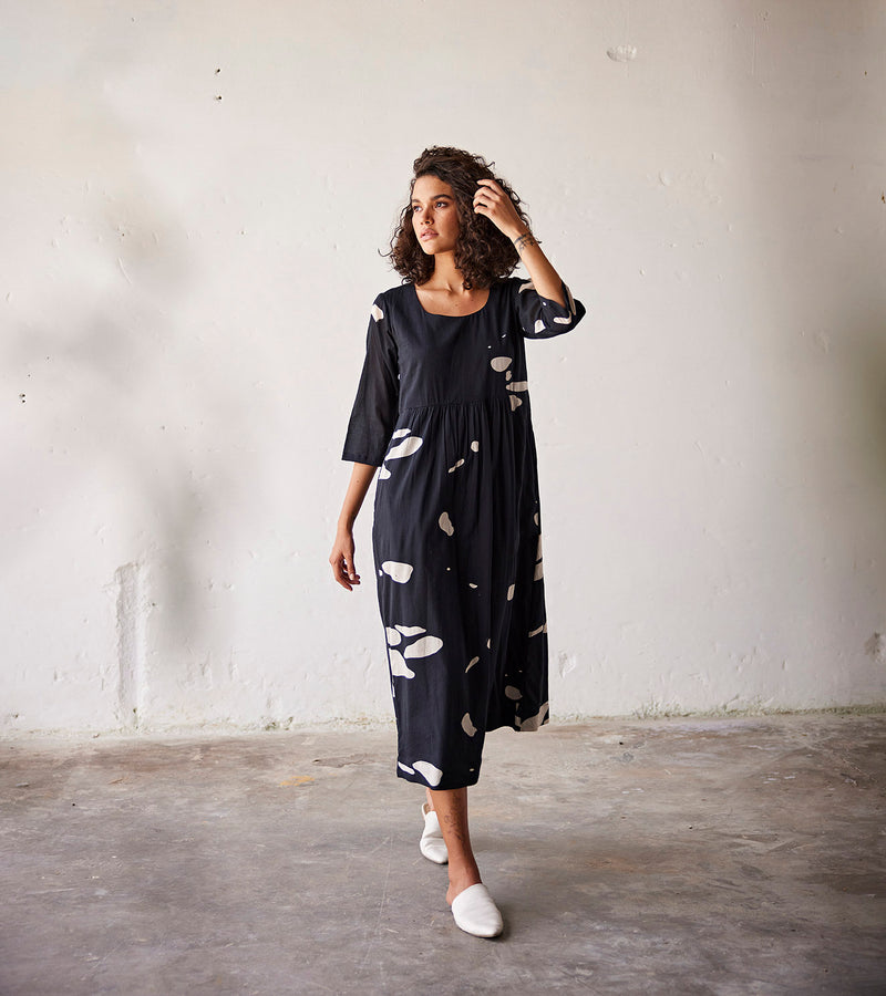 Summer Dress Cotton Gathers Waist-Black-Fashion Edit Indian Summer-KW789-Khara Kapas - Shop Cult Modern