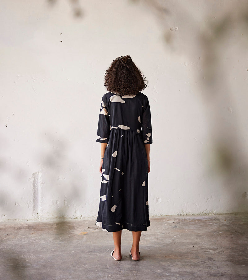 Summer Dress Cotton Gathers Waist-Black-Fashion Edit Indian Summer-KW789-Khara Kapas - Shop Cult Modern