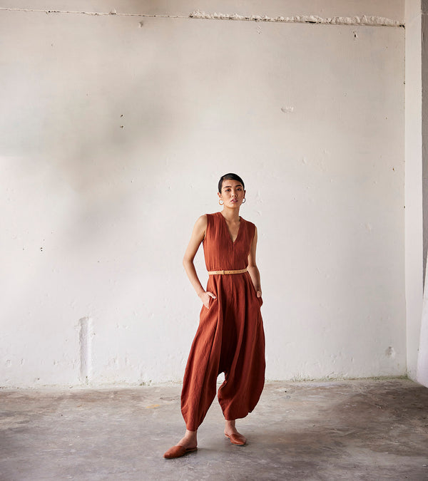 Summer Jumpsuit Linen V neck-Red-Fashion Edit Indian Summer-KW790-Khara Kapas - Shop Cult Modern