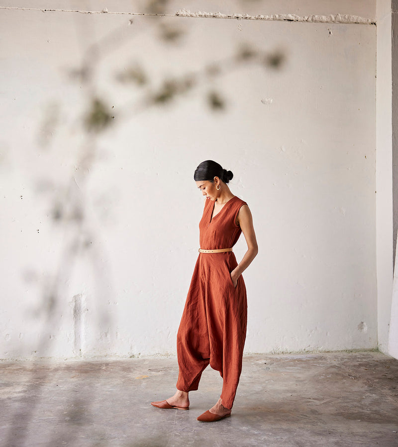 Summer Jumpsuit Linen V neck-Red-Fashion Edit Indian Summer-KW790-Khara Kapas - Shop Cult Modern