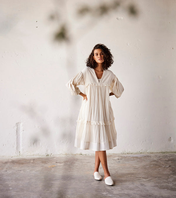 Summer Dress Cotton Ruffle-Off White-Fashion Edit Indian Summer-KW791-Khara Kapas - Shop Cult Modern