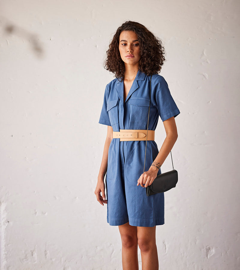 Summer Jumpsuit Cotton Herringbone-Blue-Fashion Edit Indian Summer-KW793-Khara Kapas - Shop Cult Modern