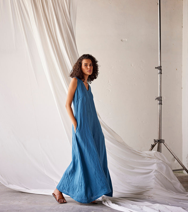 Summer Jumpsuit Linen V neck-Steel Blue-Fashion Edit Indian Summer-KW799-Khara Kapas - Shop Cult Modern