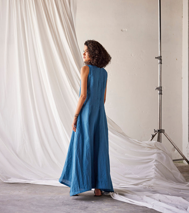 Summer Jumpsuit Linen V neck-Steel Blue-Fashion Edit Indian Summer-KW799-Khara Kapas - Shop Cult Modern