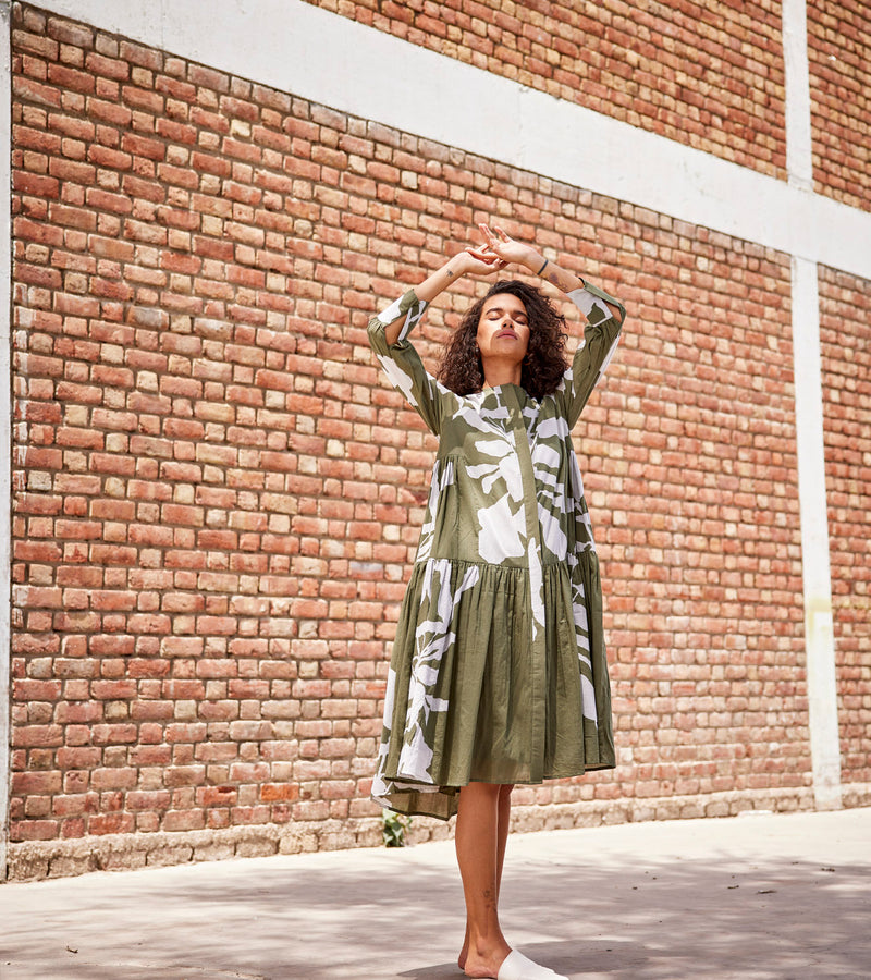 ShopCultModern-KharaKapas-Dress Cotton Dropwaist-Olive Green-Fashion Edit Indian Summer-KW803 ShopCultModern-KharaKapas-Dress Cotton Dropwaist-Olive Green-Fashion Edit Indian Summer-KW803