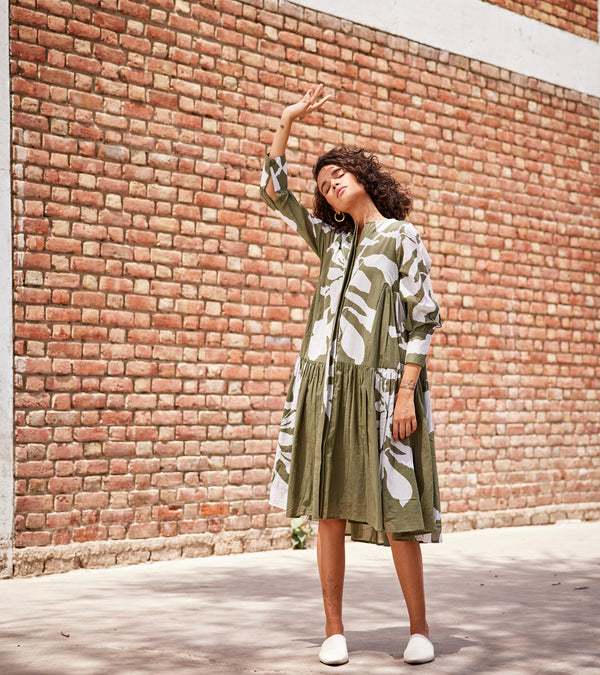 Summer Dress Cotton Dropwaist-Olive Green-Fashion Edit Indian Summer-KW803-Khara Kapas - Shop Cult Modern