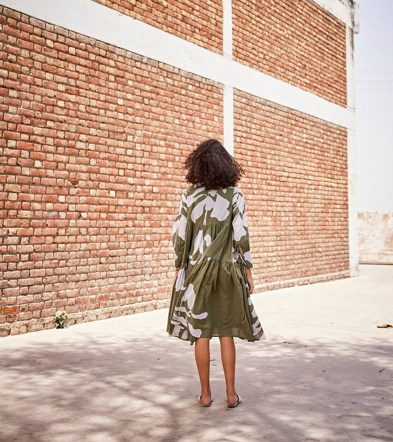 Summer Dress Cotton Dropwaist-Olive Green-Fashion Edit Indian Summer-KW803-Khara Kapas - Shop Cult Modern