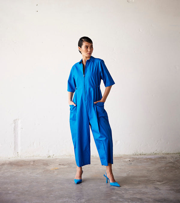 Summer Jumpsuit Poplin-Cobalt Blue-Fashion Edit Indian Summer-KW783-Khara Kapas - Shop Cult Modern