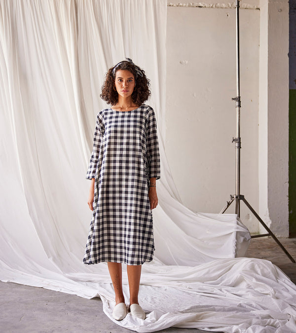 Summer Dress Cotton Check-Black White-Fashion Edit Indian Summer-KW805-Khara Kapas - Shop Cult Modern