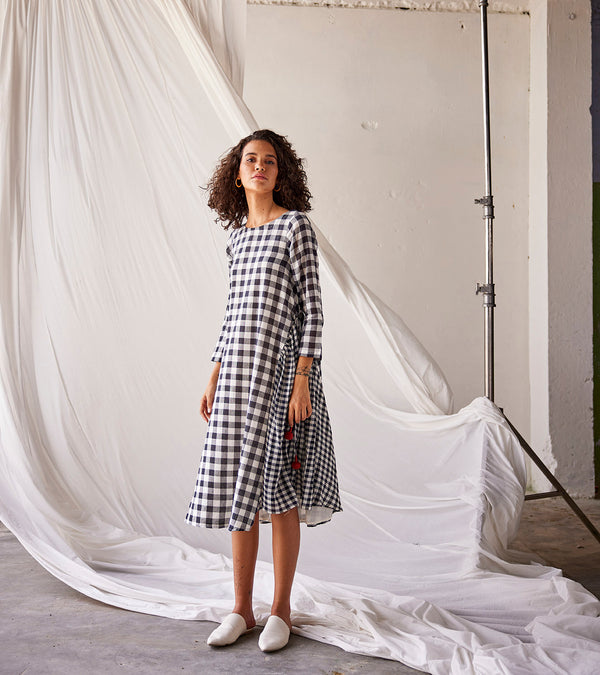 Summer Dress Cotton Check-Black White-Fashion Edit Indian Summer-KW805-Khara Kapas - Shop Cult Modern