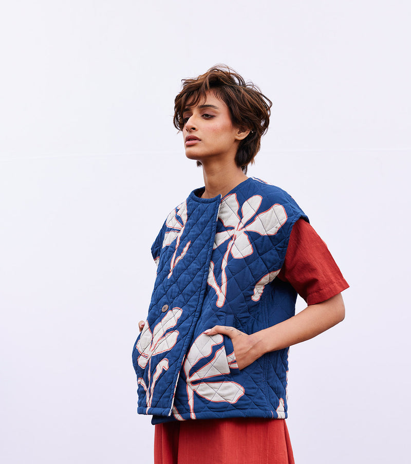 New Season Spring Summer 2024-Vest Jacket-Cotton Mul Aster vest Blue-KW899-Fashion Edit Diana by Khara Kapas - Shop Cult Modern