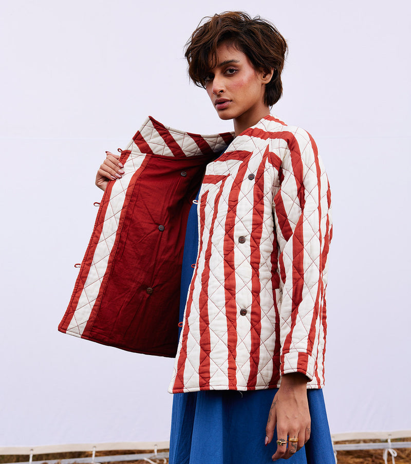 New Season Spring Summer 2024-Jacket-Cotton Mul Carmine Brick red & off white-KW904-Fashion Edit Diana by Khara Kapas - Shop Cult Modern