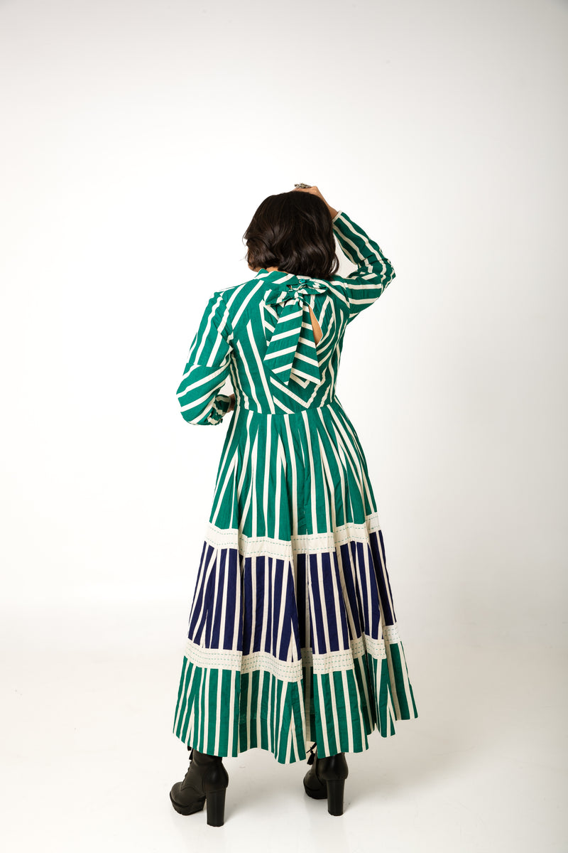 New Season Summer/Fall 2023-Dress Applique Stripes Cotton Lina Green Navy -Ka-Sha - Fashion Edit Aseem - Shop Cult Modern