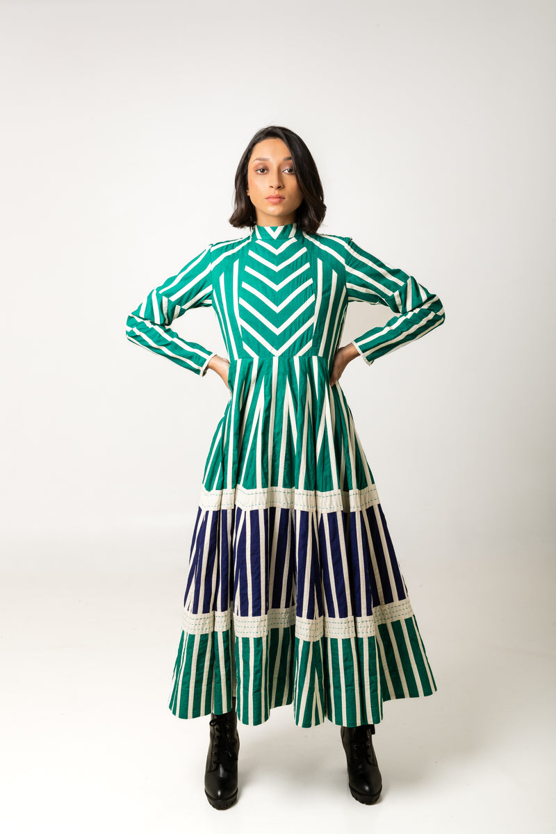 New Season Summer/Fall 2023-Dress Applique Stripes Cotton Lina Green Navy -Ka-Sha - Fashion Edit Aseem - Shop Cult Modern