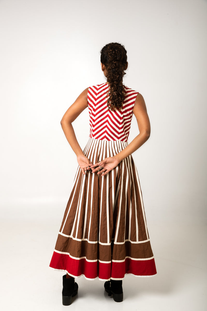 New Season Summer/Fall 2023-Dress Applique Stripes Cotton Malti Navy Black / Red Brown -Ka-Sha - Fashion Edit Aseem - Shop Cult Modern