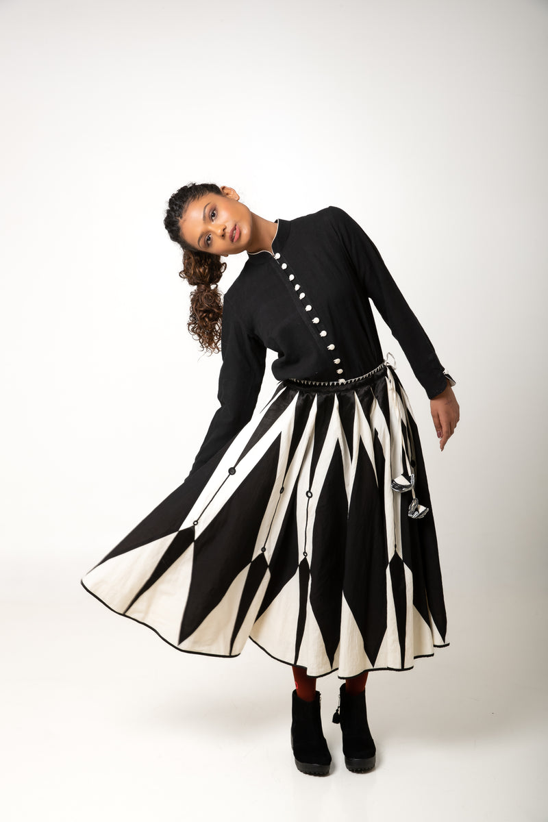 New Season Summer/Fall 2023-Skirt Flared Cotton Mashru Silk Venus Black OffWhite -Ka-Sha - Fashion Edit Aseem - Shop Cult Modern