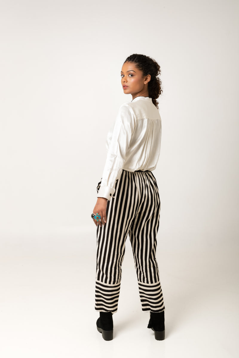 New Season Summer/Fall 2023-Pants Applique Stripes Cotton Kriti Black White -Ka-Sha - Fashion Edit Aseem - Shop Cult Modern
