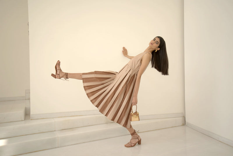 New Season Summer to Fall 2024-Dress Two Toned Silk Amber Off White-C/TS/010-Suzanne-Fashion Edit Hemji - Shop Cult Modern