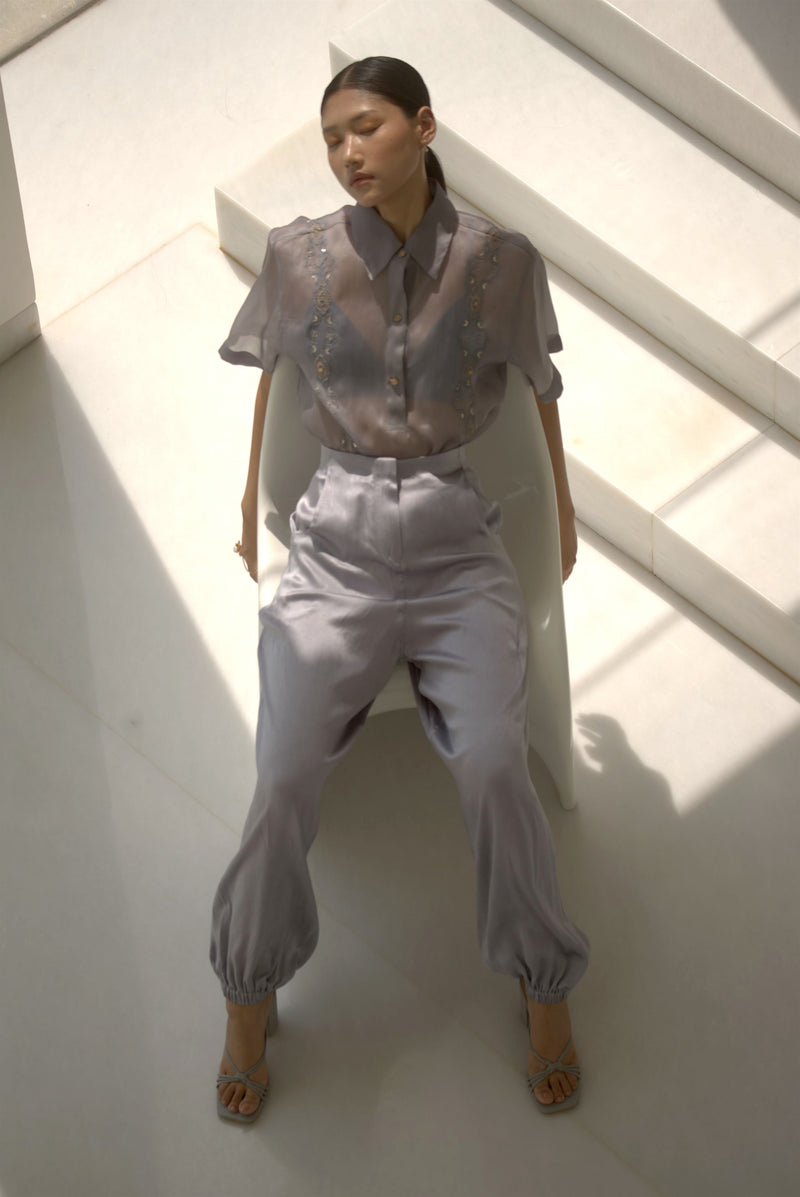 New Season Summer to Fall 2024-Shirt Boxy Embroidered Organza Silk Pigeon Blue-B/OS/032-Suzanne-Fashion Edit Hemji - Shop Cult Modern