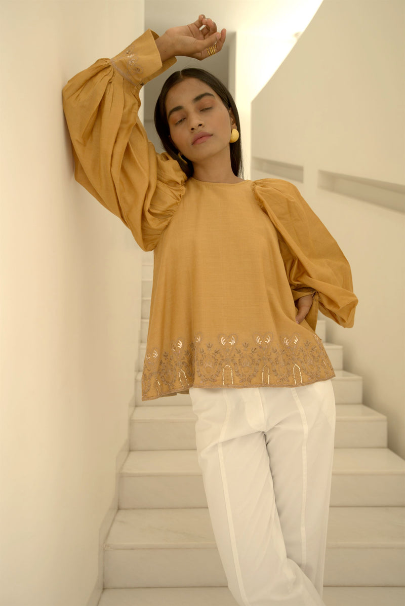 New Season Summer to Fall 2024-Top Embroidered Cuffs Silk Amber-AM/TS/050-Suzanne-Fashion Edit Hemji - Shop Cult Modern