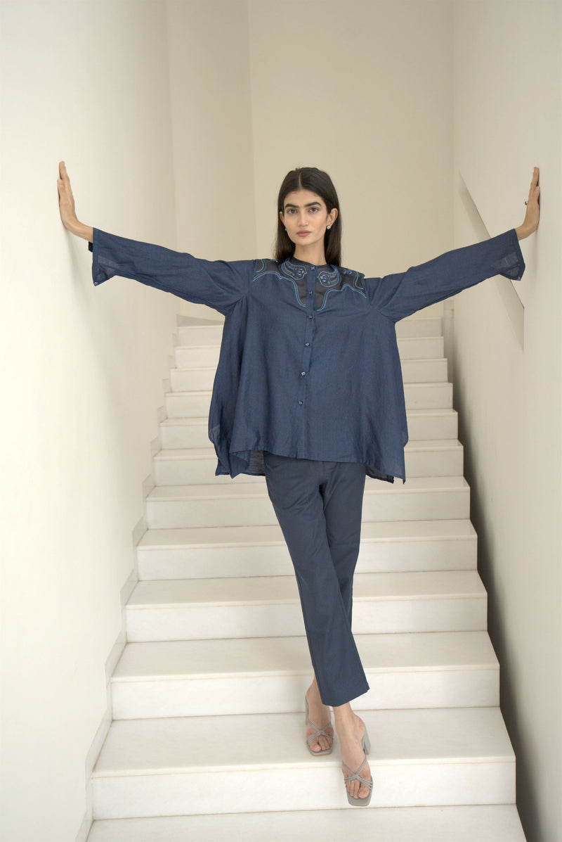 New Season Summer to Fall 2024-Blouse Embroidered Yoke Organza Silk Midnight Blue-MB/TS/028-Suzanne-Fashion Edit Hemji - Shop Cult Modern