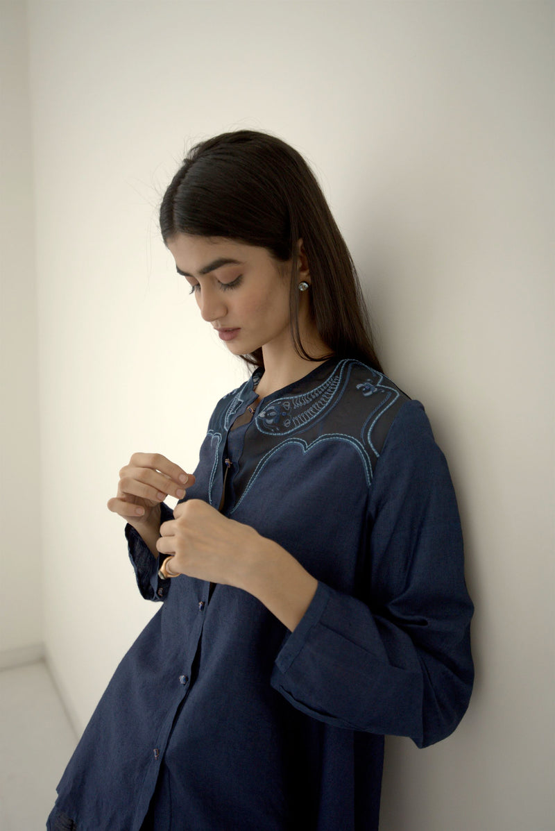 New Season Summer to Fall 2024-Blouse Embroidered Yoke Organza Silk Midnight Blue-MB/TS/028-Suzanne-Fashion Edit Hemji - Shop Cult Modern