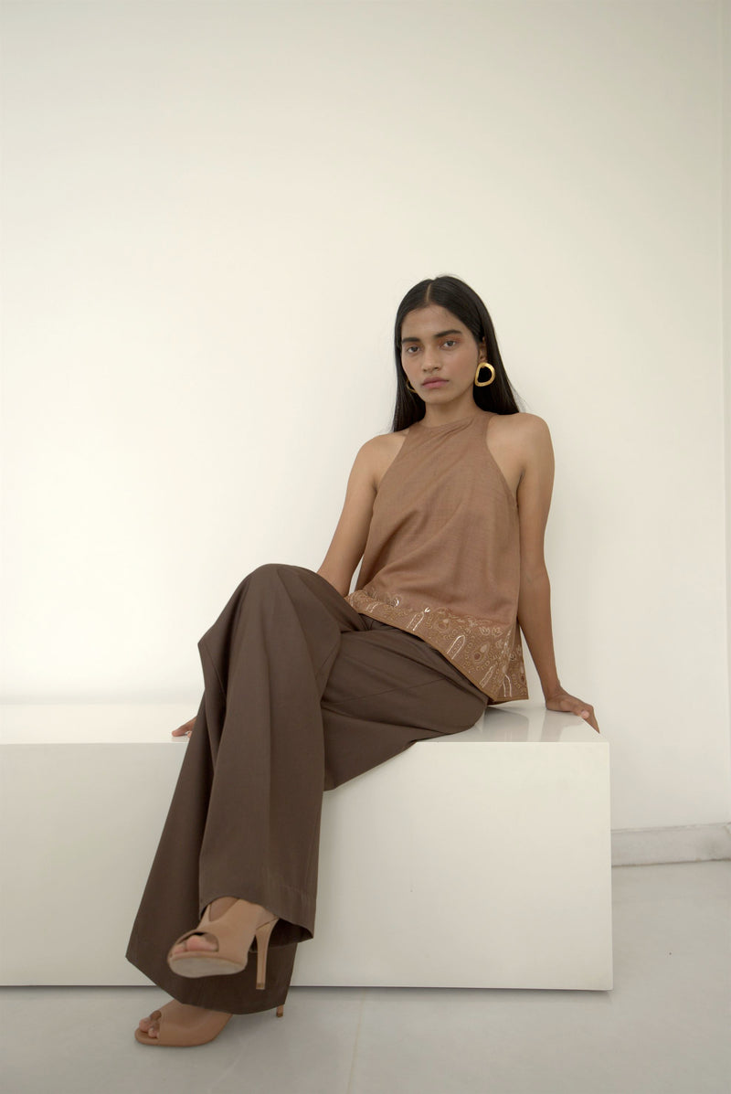 New Season Summer to Fall 2024-Top Racer Embroidered Silk Brown-TB/TS/018-Suzanne-Fashion Edit Hemji - Shop Cult Modern