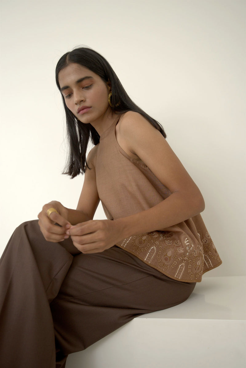 New Season Summer to Fall 2024-Top Racer Embroidered Silk Brown-TB/TS/018-Suzanne-Fashion Edit Hemji - Shop Cult Modern