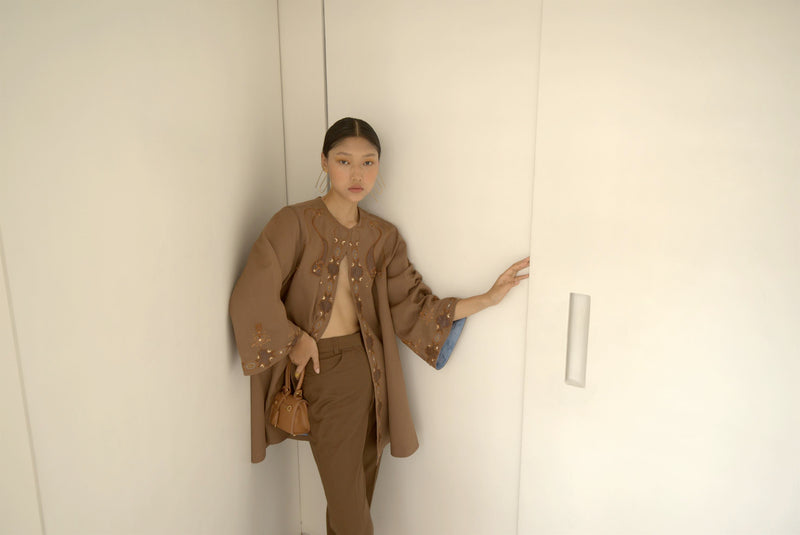 New Season Summer to Fall 2024-Jacket Coat Embellished Fine Wool Brown-TB/SW/046-Suzanne-Fashion Edit Hemji - Shop Cult Modern