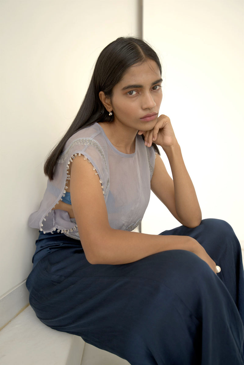 New Season Summer to Fall 2023-Top Embellished Silk Pigeon Blue-B/OS/026-Suzanne-Fashion Edit Hemji - Shop Cult Modern