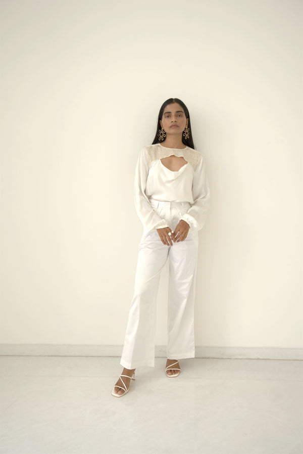 New Season Summer to Fall 2023-Blouse Draped Silk Pearl White-WH/S/024-Suzanne-Fashion Edit Hemji - Shop Cult Modern
