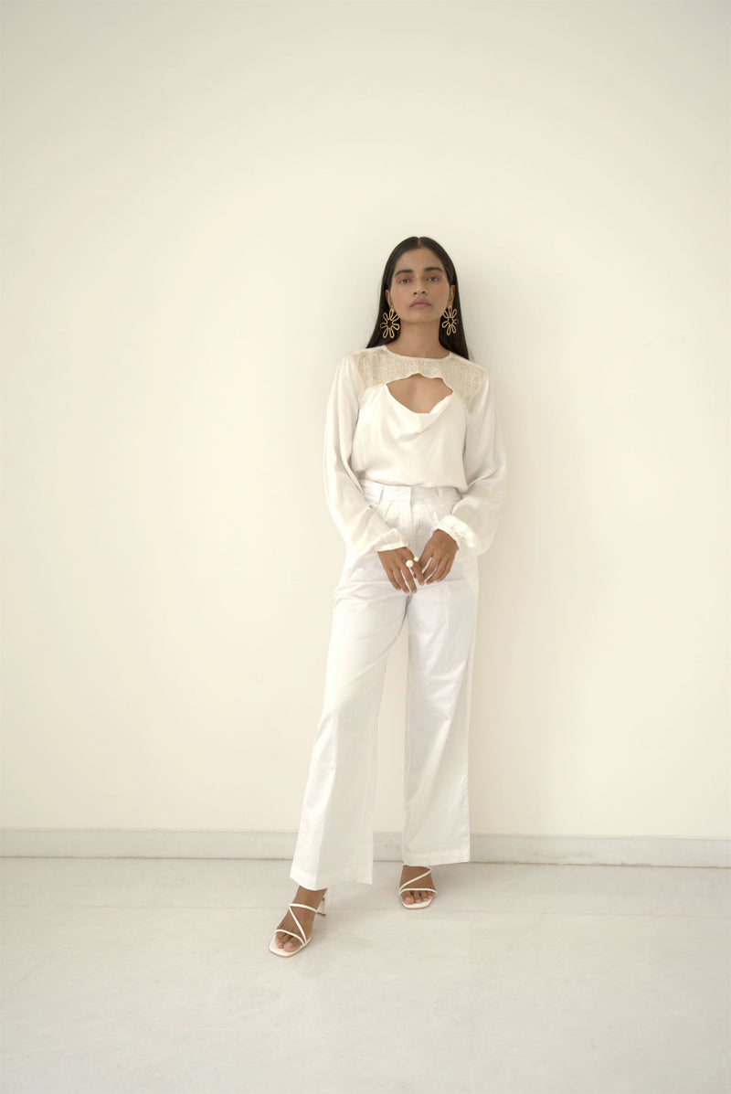 New Season Summer to Fall 2024--Blouse Draped Silk Pearl White-WH/S/024-Suzanne-Fashion Edit Hemji - Shop Cult Modern