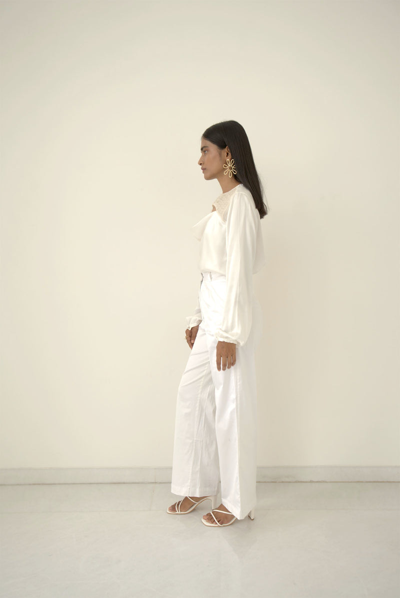 New Season Summer to Fall 2024--Blouse Draped Silk Pearl White-WH/S/024-Suzanne-Fashion Edit Hemji - Shop Cult Modern