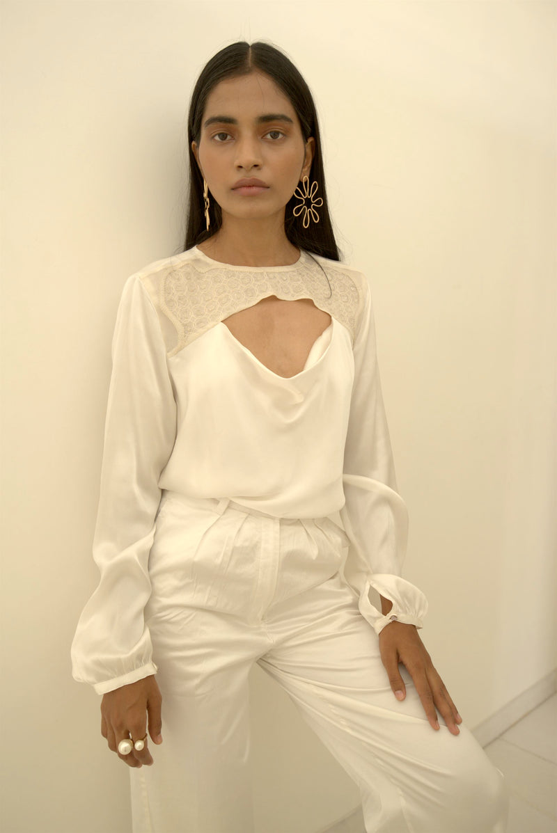 New Season Summer to Fall 2024--Blouse Draped Silk Pearl White-WH/S/024-Suzanne-Fashion Edit Hemji - Shop Cult Modern