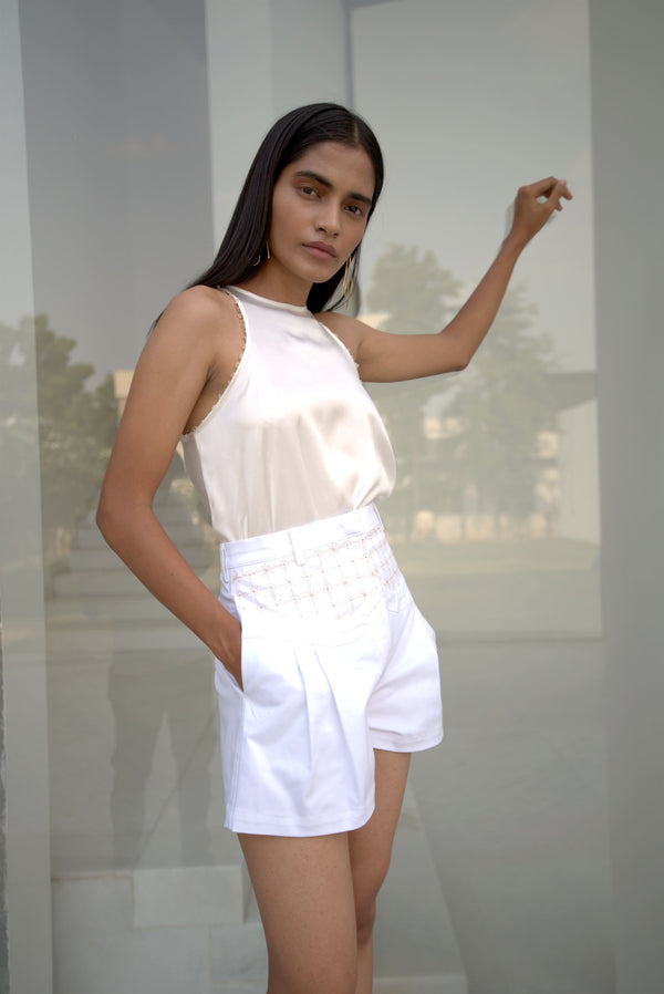 New Season Summer to Fall 2023-Top Racer Embroidered Silk Off White-CR/TS/017-Suzanne-Fashion Edit Hemji - Shop Cult Modern