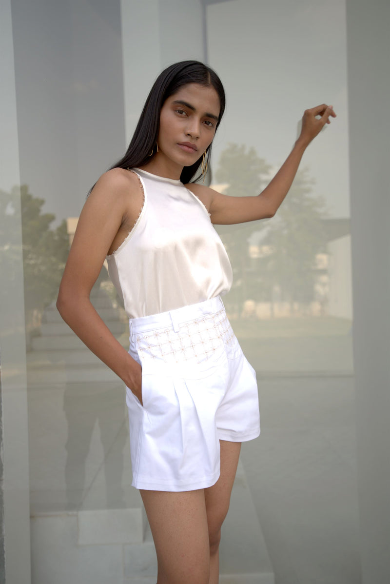 New Season Summer to Fall 2024-Top Racer Embroidered Silk Off White-CR/TS/017-Suzanne-Fashion Edit Hemji - Shop Cult Modern