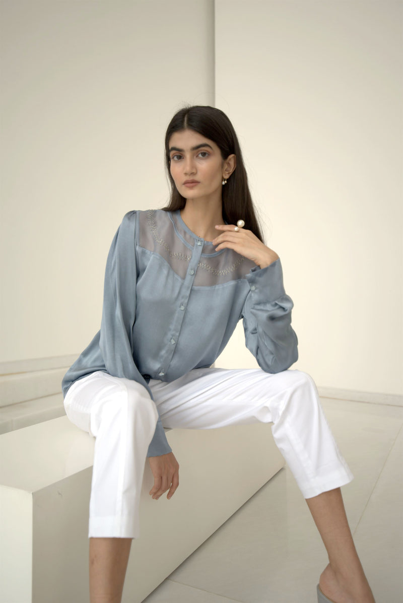 New Season Summer to Fall 2024-Blouse Embroidered Yoke Organza Silk Cerulean Blue-B/S/031-Suzanne-Fashion Edit Hemji - Shop Cult Modern