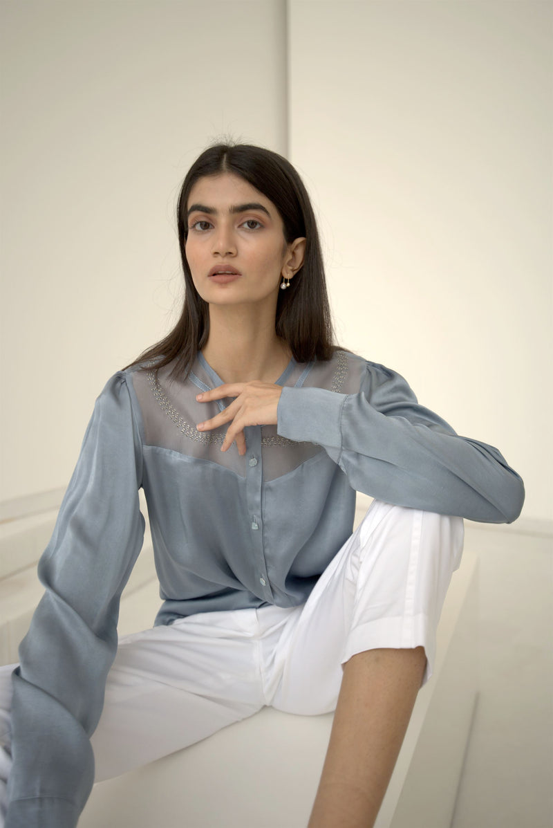 New Season Summer to Fall 2024-Blouse Embroidered Yoke Organza Silk Cerulean Blue-B/S/031-Suzanne-Fashion Edit Hemji - Shop Cult Modern