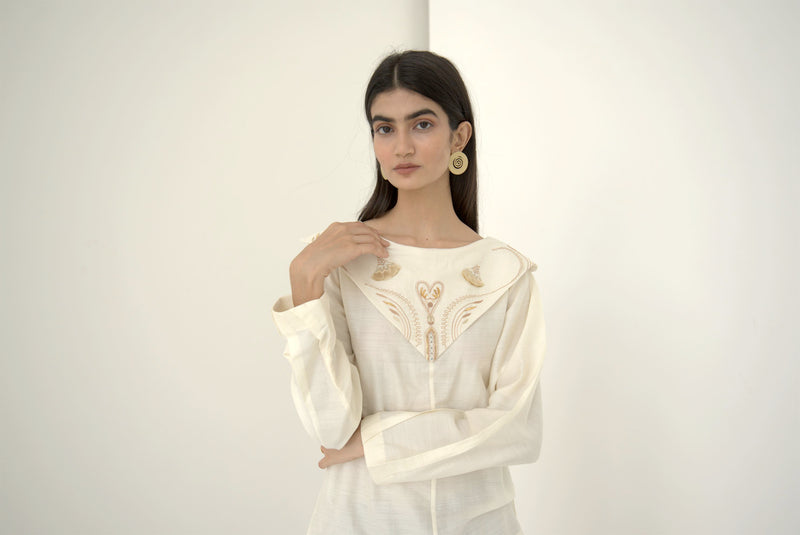 New Season Summer to Fall 2024-Top Embroidered Pleated Silk Off White-OW/TS/043-Suzanne-Fashion Edit Hemji - Shop Cult Modern