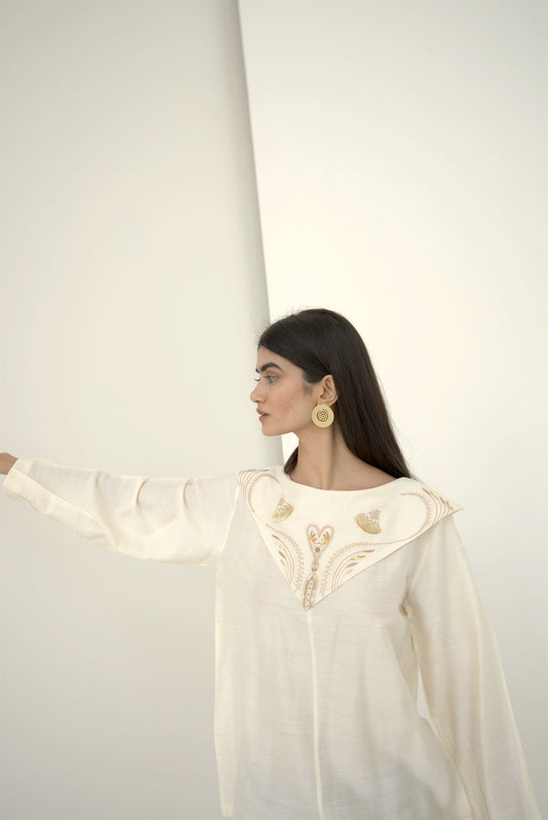 New Season Summer to Fall 2023-Top Embroidered Pleated Silk Off White-OW/TS/043-Suzanne-Fashion Edit Hemji - Shop Cult Modern
