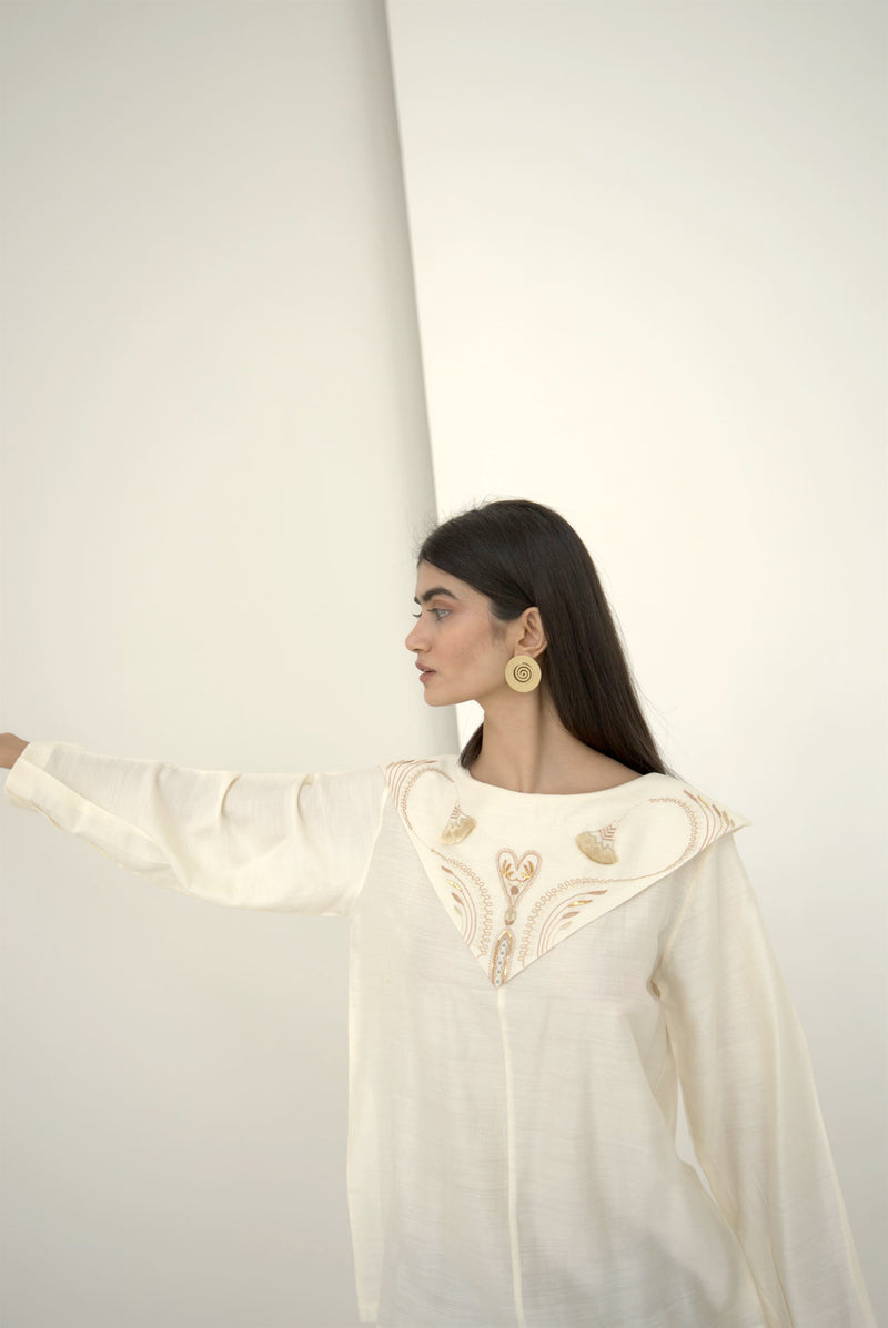 New Season Summer to Fall 2024-Top Embroidered Pleated Silk Off White-OW/TS/043-Suzanne-Fashion Edit Hemji - Shop Cult Modern