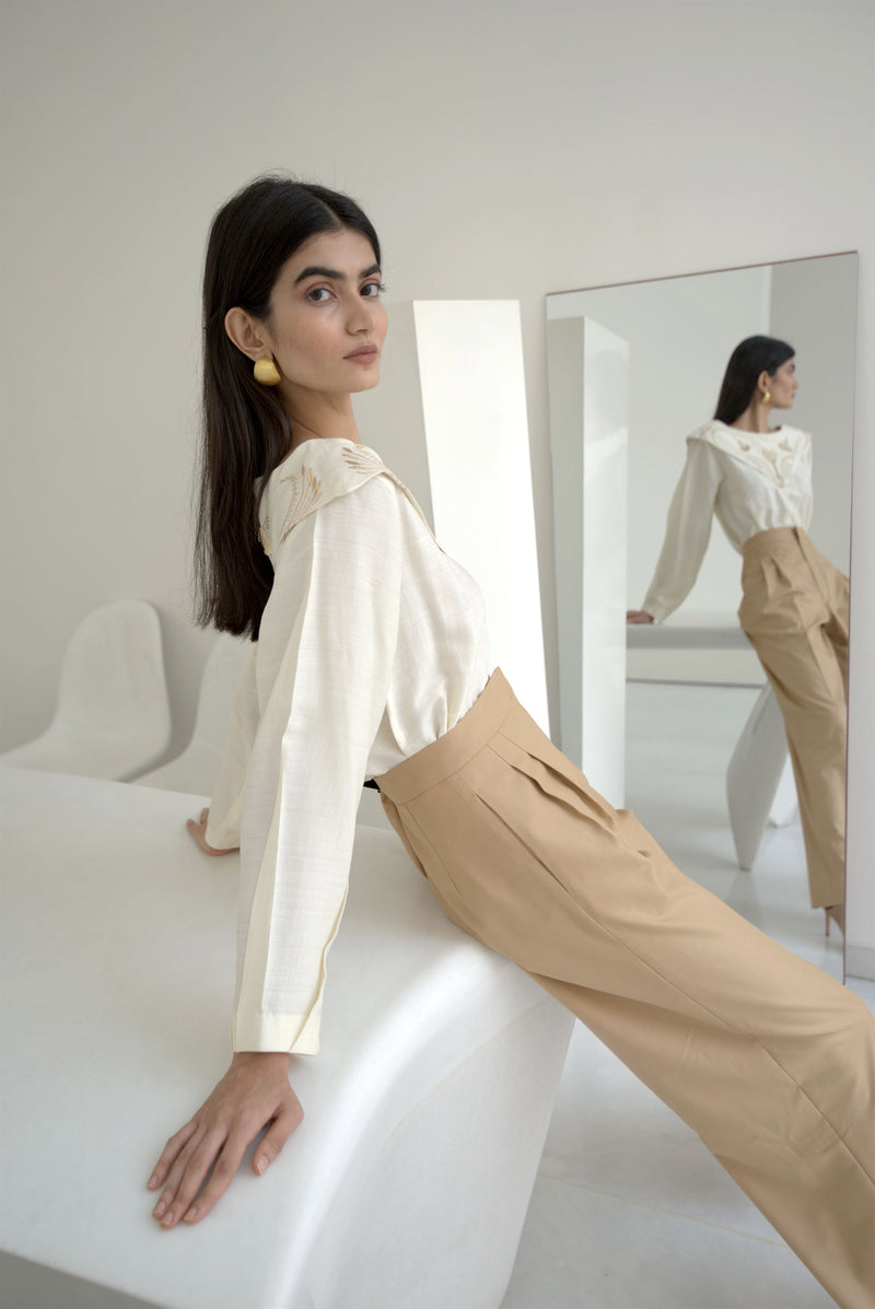 New Season Summer to Fall 2024-Top Embroidered Pleated Silk Off White-OW/TS/043-Suzanne-Fashion Edit Hemji - Shop Cult Modern