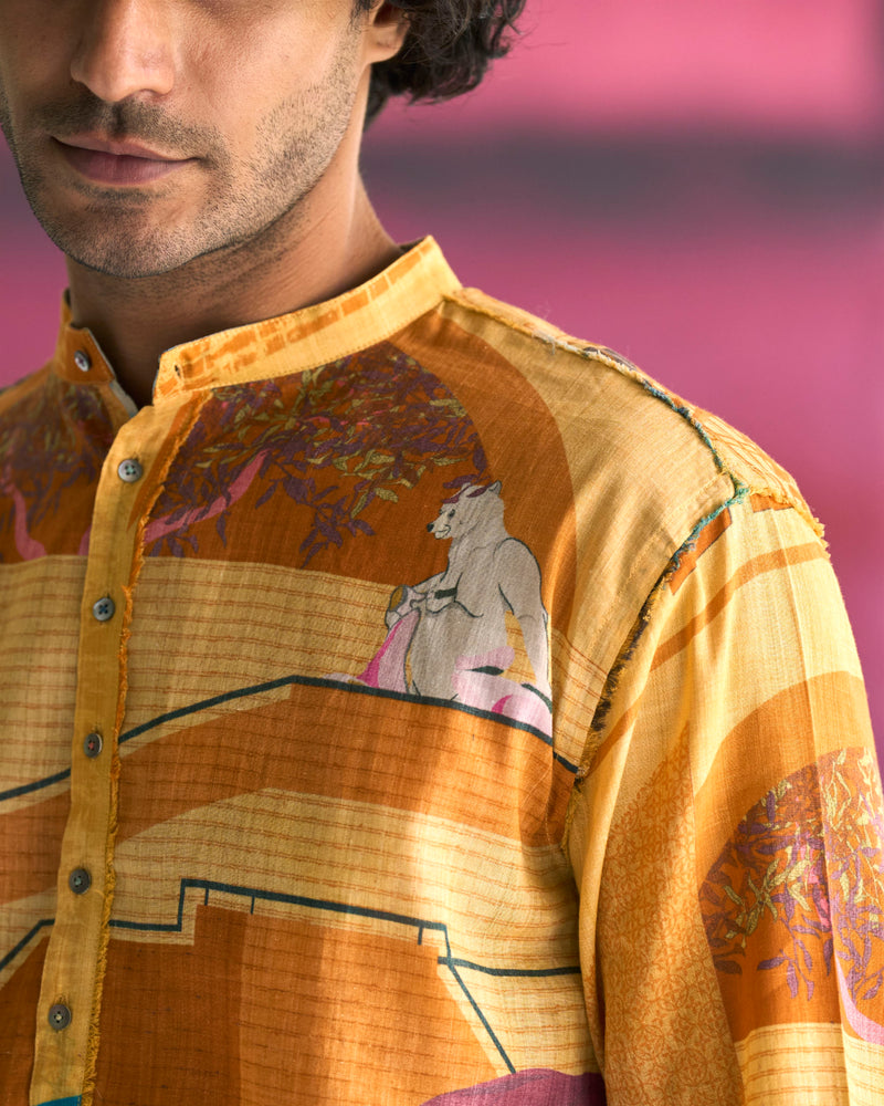 Summer Shirt Classic Animal Cotton Linen Mustard S414CL390 SuketDhir - Shop Cult Modern