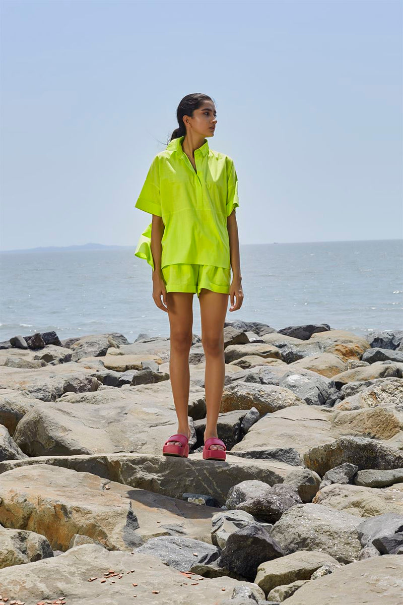 New Season Summer/Fall 23-Coord Set Green Ekin Shirt Cotton Neon-MT Ekin Shirt Coord Set-Neon Green-Fashion Edit Mati - Shop Cult Modern