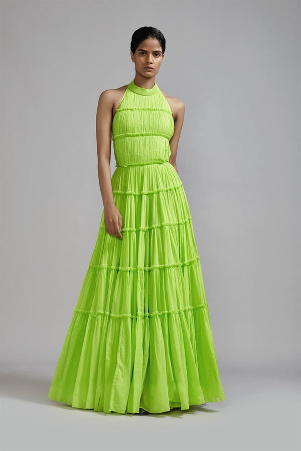 New Season Summer/Fall 24-Dress Green Backless Tiered Gown Cotton Neon-MT Backless Gown-ML Neon Green-Fashion Edit Mati - Shop Cult Modern