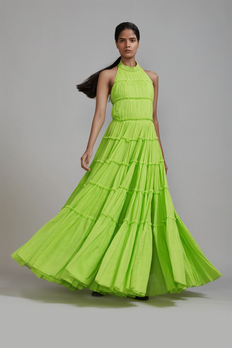 New Season Summer/Fall 24-Dress Green Backless Tiered Gown Cotton Neon-MT Backless Gown-ML Neon Green-Fashion Edit Mati - Shop Cult Modern