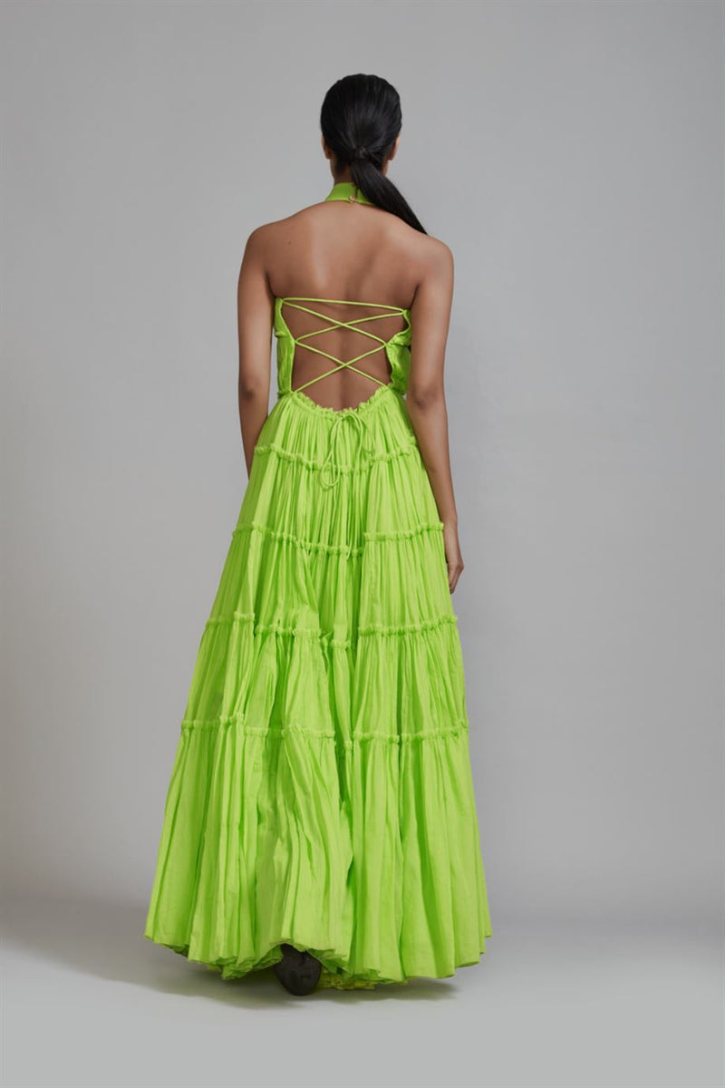 New Season Summer/Fall 24-Dress Green Backless Tiered Gown Cotton Neon-MT Backless Gown-ML Neon Green-Fashion Edit Mati - Shop Cult Modern