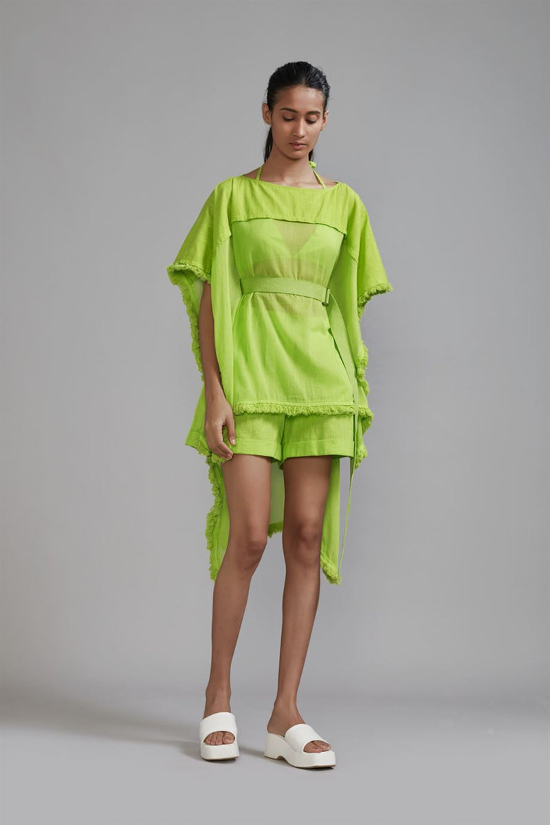 New Season Summer/Fall 24-Top Green Fringed Kaftan Cotton Neon-MT FR Kaftan Top-ML Neon Green-Fashion Edit Mati - Shop Cult Modern