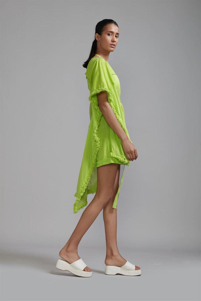 New Season Summer/Fall 24-Top Green Fringed Kaftan Cotton Neon-MT FR Kaftan Top-ML Neon Green-Fashion Edit Mati - Shop Cult Modern